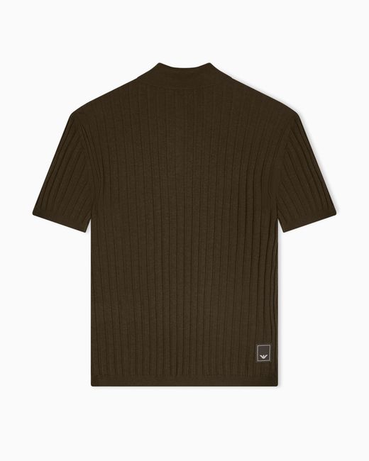 Emporio Armani Green Travel Essential Rib Knit Jacquard Polo Collar Jumper for men