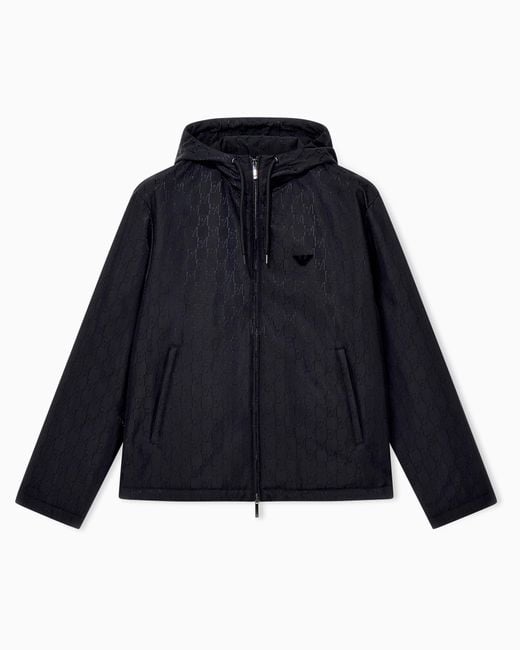 Emporio Armani Blue Hooded Blouson Jacket With An All-Over Monogram Pattern for men