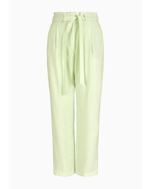 Emporio Armani Green Flowing Drawstring Trousers In Washed Matte Modal