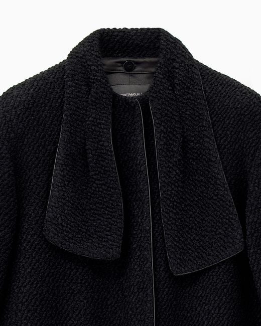 Emporio Armani Black Virgin Wool Bouclé Coat With A Shawl Collar And Pockets