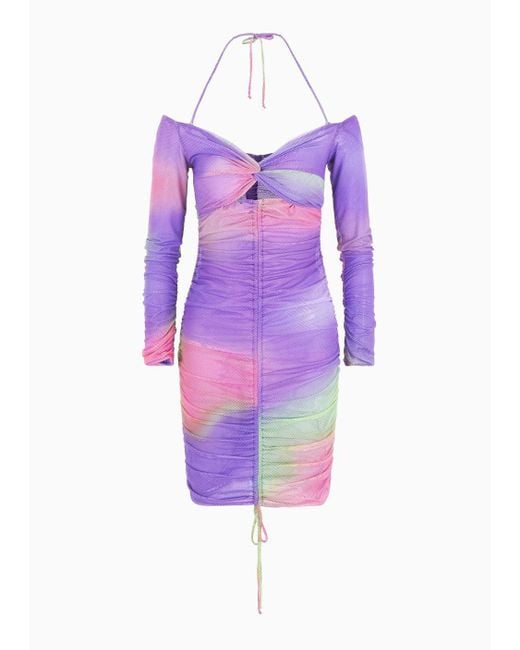 Emporio Armani Purple Sustainability Values Capsule Collection Kleid Aus Recyceltem Netzstoff Mit Camouflage-print