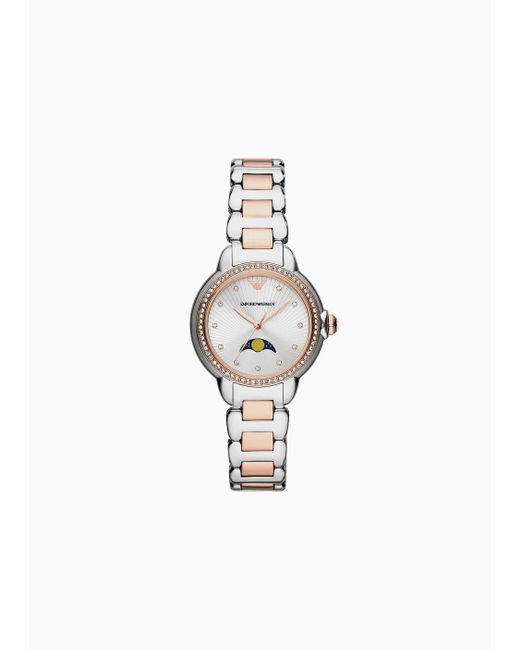 Emporio Armani White Three-hand Moonphase Two-tone Stainless Steel Watch