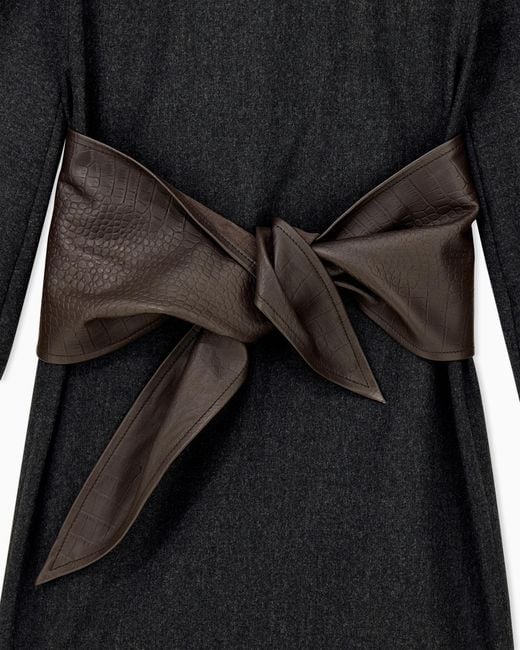 Emporio Armani Black Wool Cashmere Flannel Dress With Textured Waist Bow