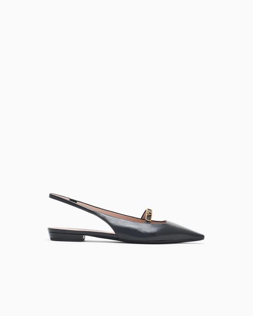 Emporio Armani White Nappa-Leather Slingback Ballerinas With Eagle Plate