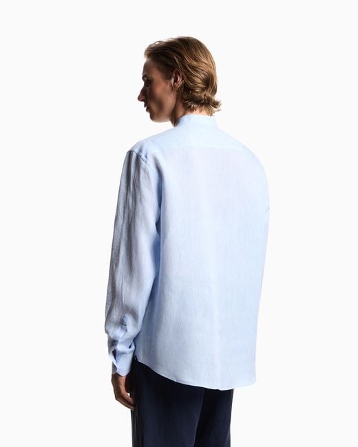 Emporio Armani Blue Pure Linen Shirt With Guru Collar for men