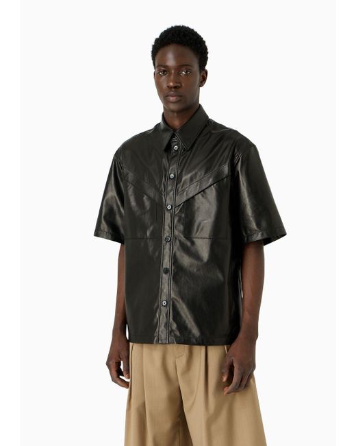 Emporio Armani Black Short-sleeved Shirt In Partially Vegetable-tanned Plonge Lamb Nappa Leather for men