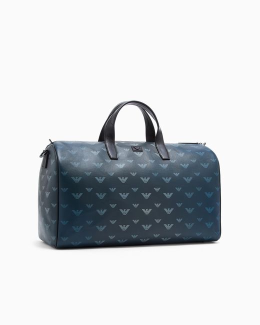 Emporio Armani Blue Coated Canvas Bowling Bag With All-Over Eagle for men