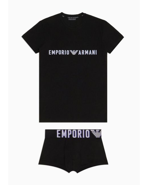 Emporio Armani Black Asv Megalogo Organic-cotton Loungewear T-shirt And Boxer Briefs Set for men