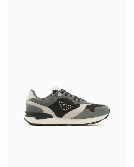 Emporio Armani Natural Mesh And Suede Sneakers With Side Eagle for men