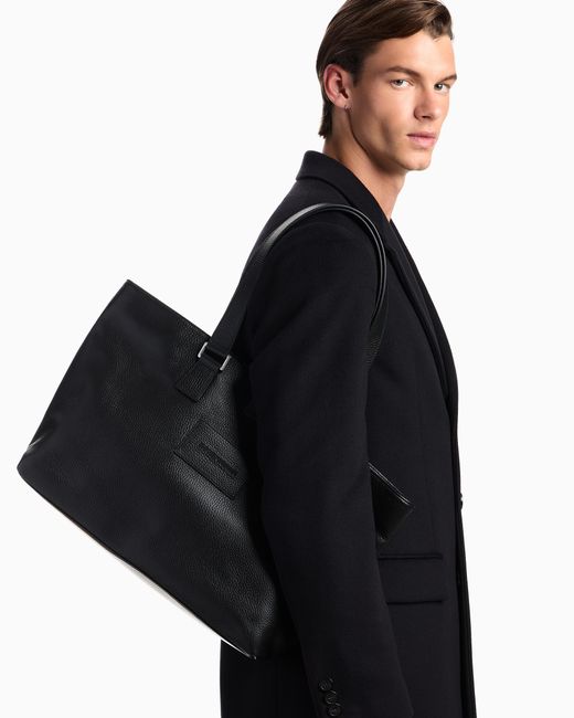 Emporio Armani Black Tumbled Leather Shopper Bag for men