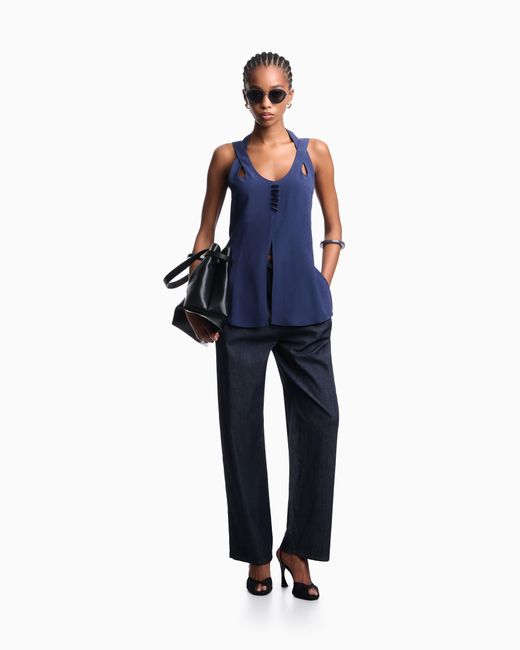 Emporio Armani Blue Flowing Micro Leopard Spot Jacquard Top