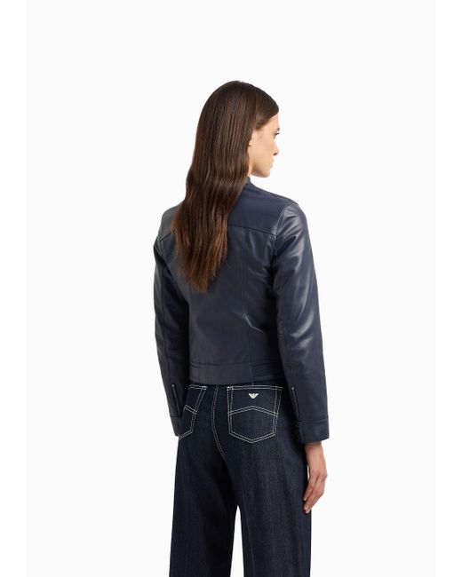 Emporio Armani Blue Biker Jacket In Lambskin Nappa Leather With A Soft Feel