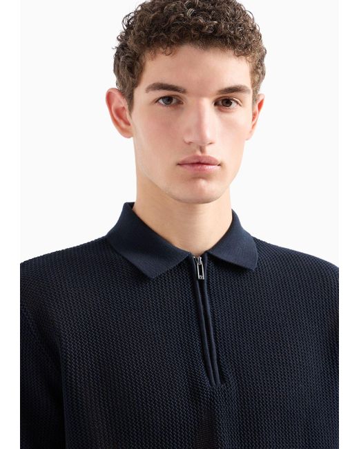 Emporio Armani Blue Mesh-stitch Jumper With Polo Shirt Collar for men