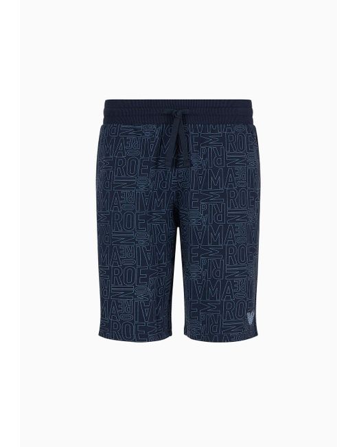 Emporio Armani Blue Loungewear Bermuda Shorts With All-over Logo Lettering for men