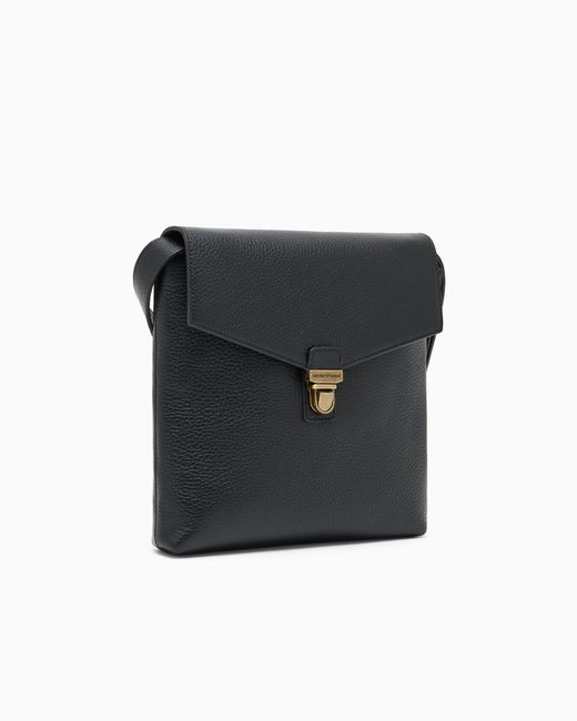 Emporio Armani Black Icon Pebbled Leather Flat Shoulder Bag for men