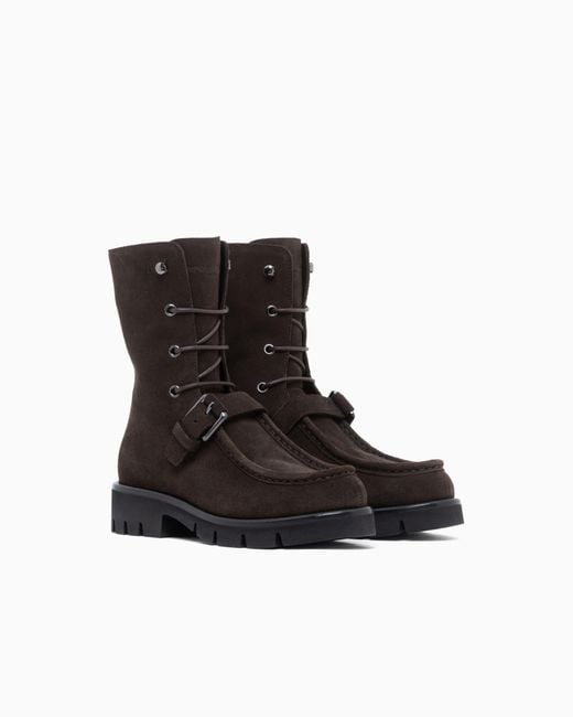 Emporio Armani Black Suede Lace-Up Boots With A Decorative Buckle Strap