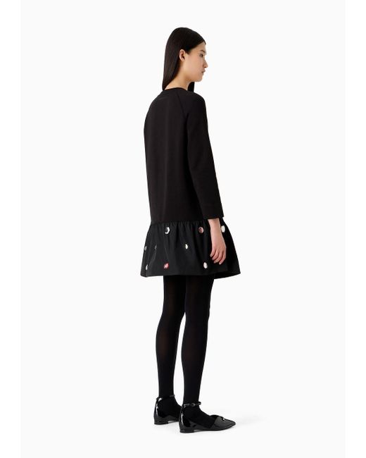 Emporio Armani Black Kleid Aus French-terry-sweatstoff Mit Taft-volant Und Cabochon-steinen