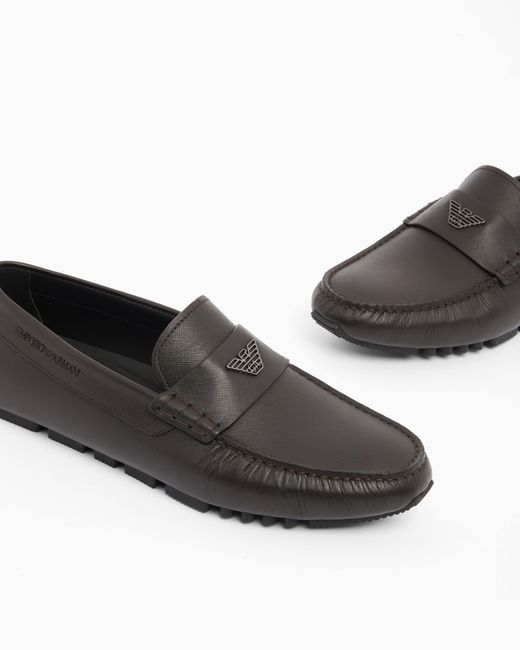 Emporio Armani White Saffiano Leather Driving Loafers for men