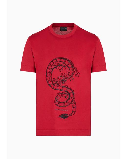Camiseta De Punto De Mezcla De Lyocell Con Bordado De Dragón Del Armani Sustainability Values Emporio Armani de hombre de color Red