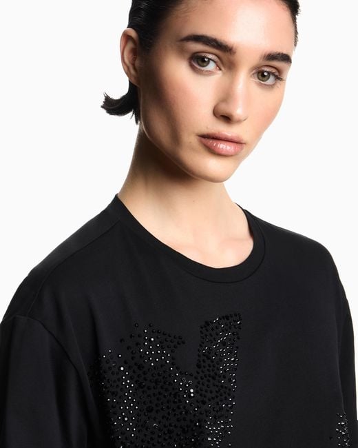 Emporio Armani Blue Jersey T-Shirt With Rhinestone Eagle