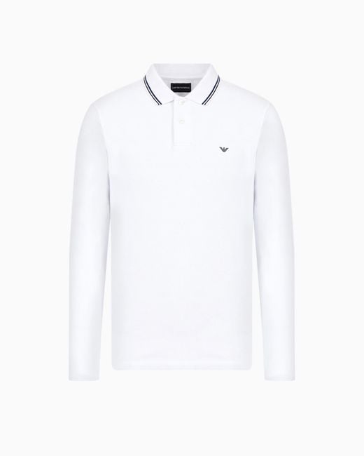 Emporio Armani Poloshirt Mit Langen Ärmeln Aus Pikee-Stretch Und Aufgesticktem Mikro-Adler in White für Herren