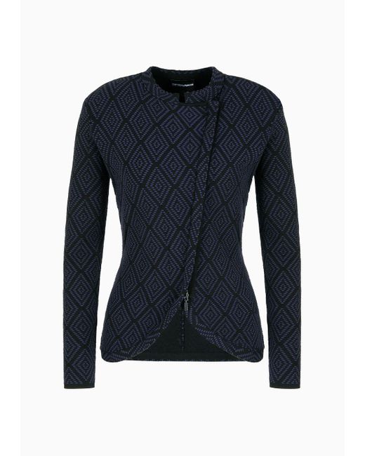Emporio Armani Blue Stretch Knit Jacket With Diagonal Zip And Jacquard Diamond Motif