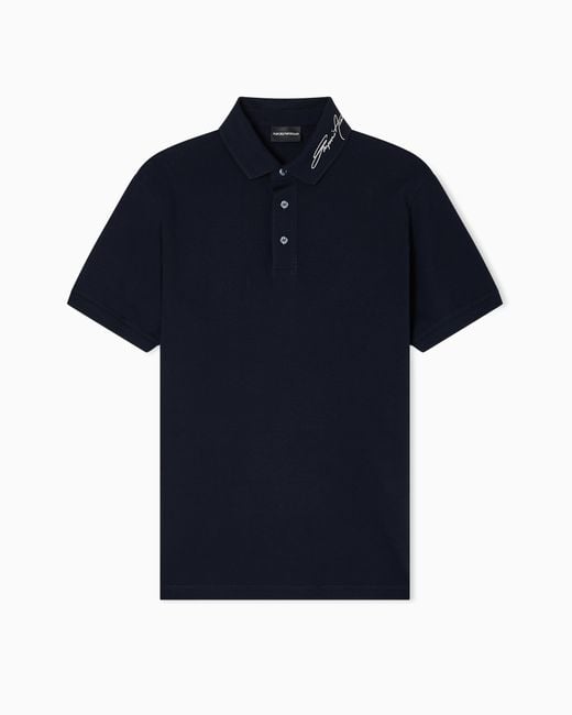 Emporio Armani Blue Piqué Polo Shirt With Signature Logo Embroidery On The Collar for men