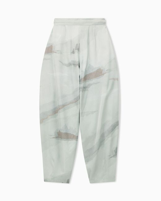 Emporio Armani Blue Trousers With Landscape Print And Pleated High Waist And Wide Leg
