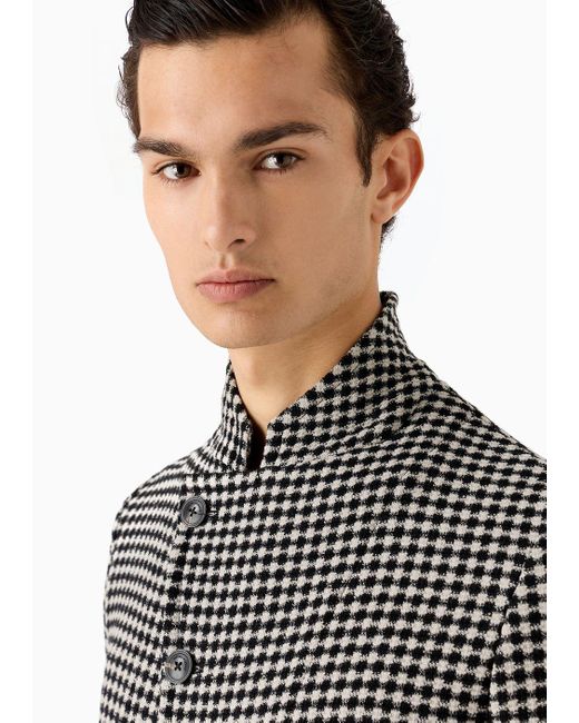 Emporio Armani Gray Guru-collar Jacket With Off-center Fastening In Armure Virgin Wool With A Checkerboard Motif for men