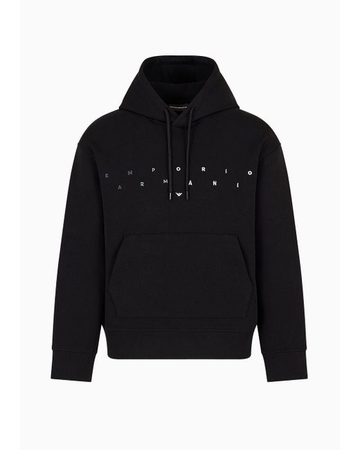 Emporio Armani Black Double-jersey Hooded Sweatshirt With Logo Embroidery for men