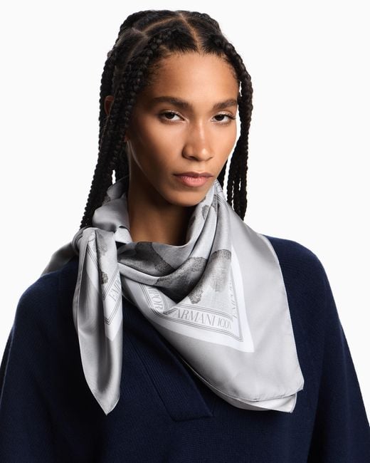Emporio Armani White Silk Foulard With Icon Print