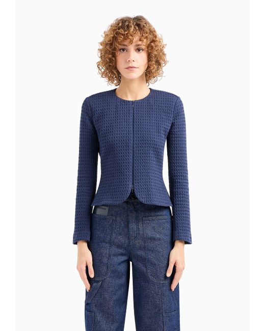 Emporio Armani Blue Waffle-effect Knit Jacket With Zip And Peplum