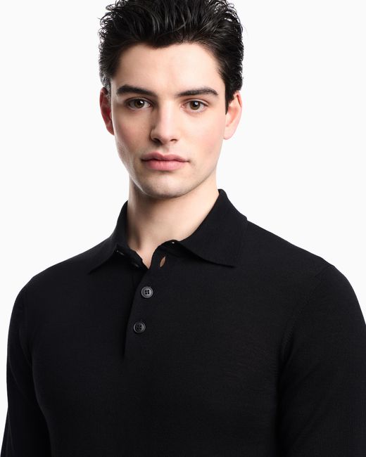 Emporio Armani Black Pure Virgin-Wool Jumper With Polo-Shirt Collar for men