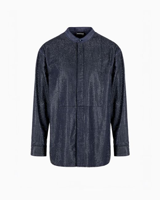 Camisa Con Cuello De Tira En Denim De Mezcla De Lyocell Con Strass Por Toda La Prenda Asv Emporio Armani de hombre de color Blue