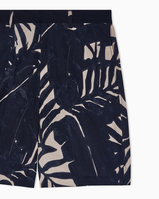 Emporio Armani Blue Linen-Blend Bermuda Shorts With All-Over Pattern for men