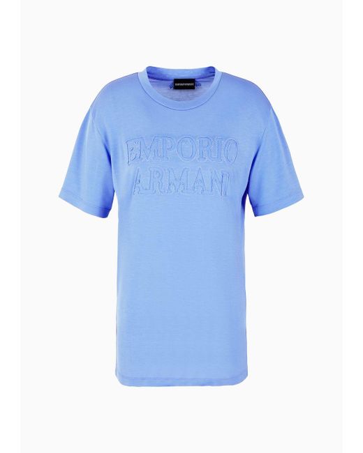Emporio Armani Blue Asv Washed Lyocell T-shirt With Devoré-effect Logo