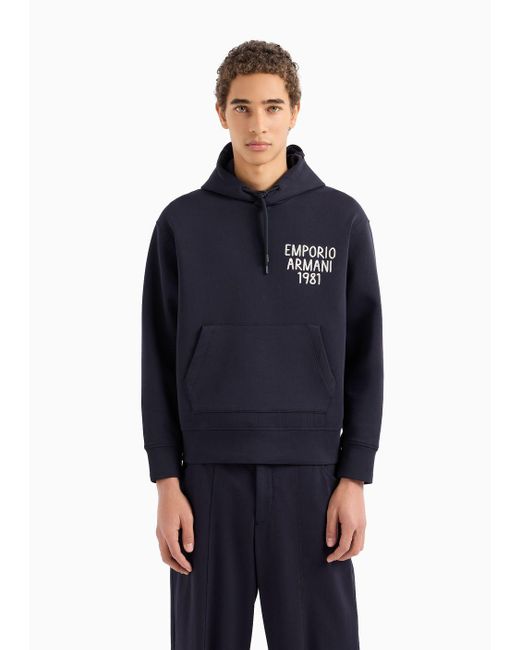 Emporio Armani Blue Double-jersey Hooded Sweatshirt With Logo Embroidery for men