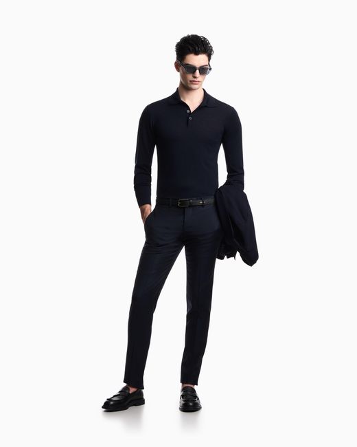 Emporio Armani Blue Pure Virgin-Wool Jumper With Polo-Shirt Collar for men