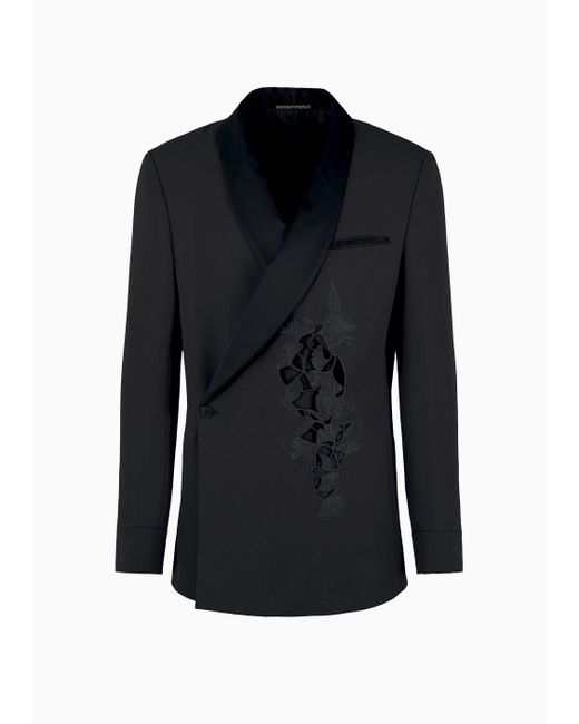 Emporio Armani Black Shawl-collar Jacket With A Wrap Fastening In A Compact Virgin-wool Gabardine With Ginkgo Embroidery And Cut-outs for men