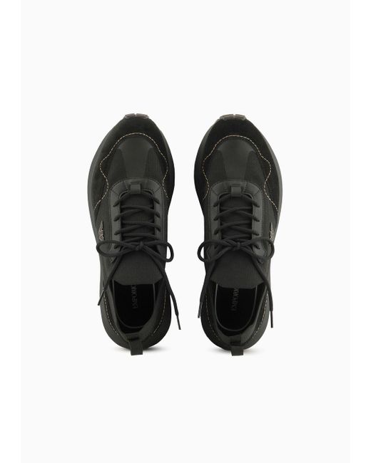 Emporio Armani Black Knit Sneakers With Suede Details for men