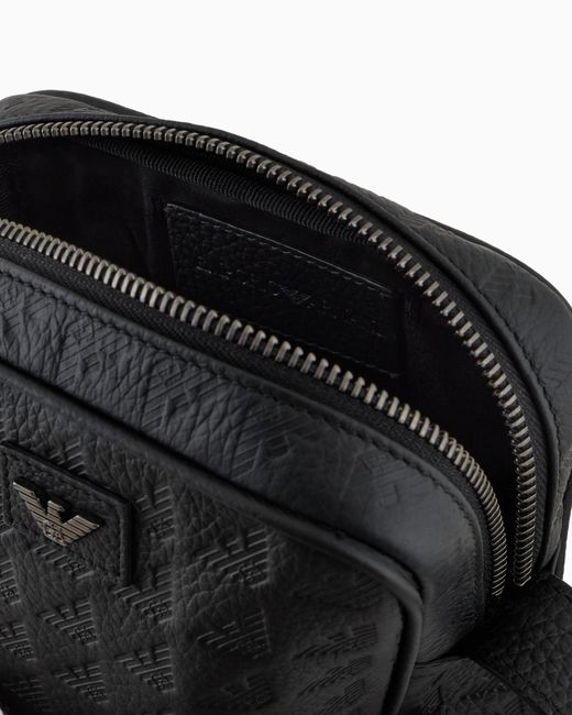 Emporio Armani Black Leather Tech Case With All-Over Embossed Eagle for men