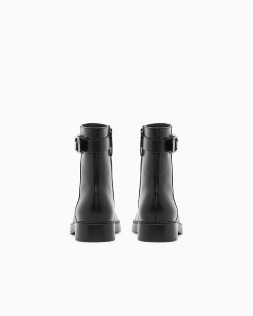 Emporio Armani Black Leather Ankle Boots With Side Zip And Buckled Strap