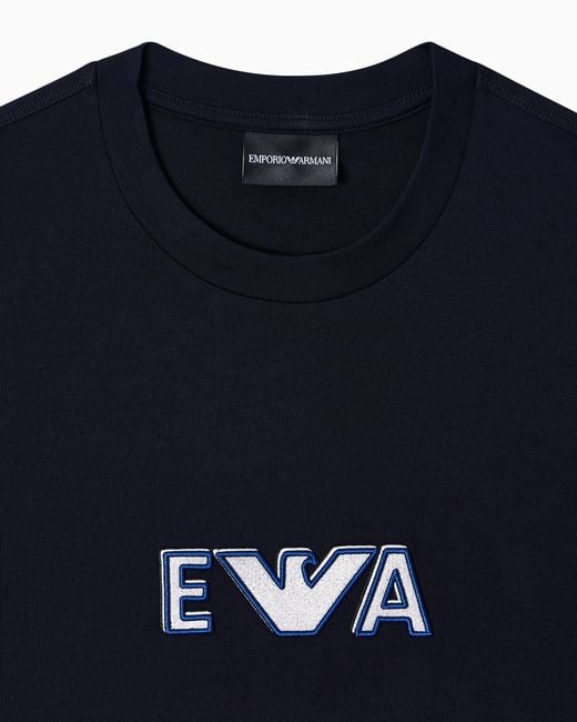 Emporio Armani Blue Heavy Jersey T-Shirt With Metal Logo Embroidery for men