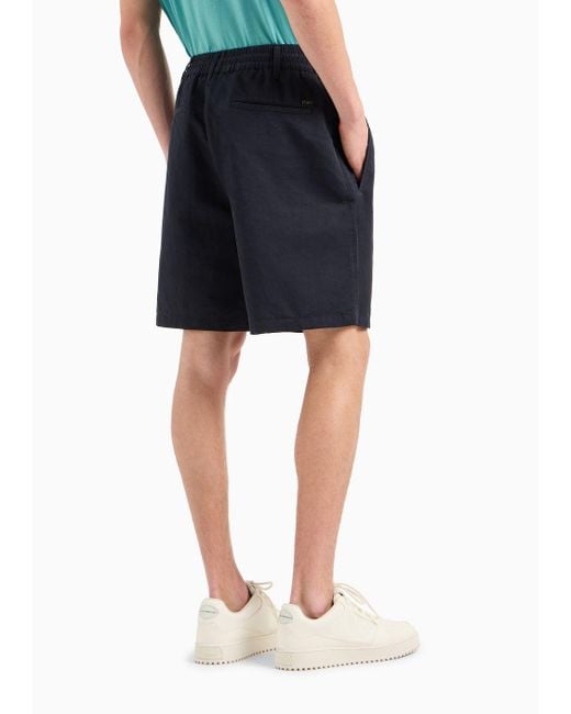 Emporio Armani Blue Linen-blend Twill Bermuda Shorts With Crease And Elasticated Waist for men