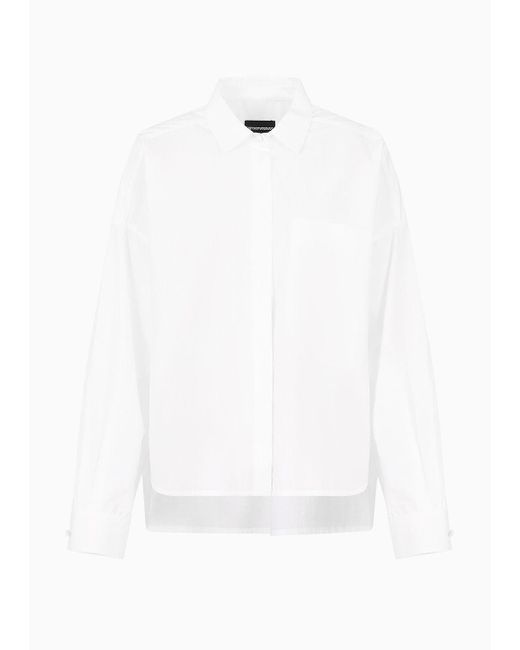 Emporio Armani White Poplin Shirt With Asymmetric Hem And Patch Pocket