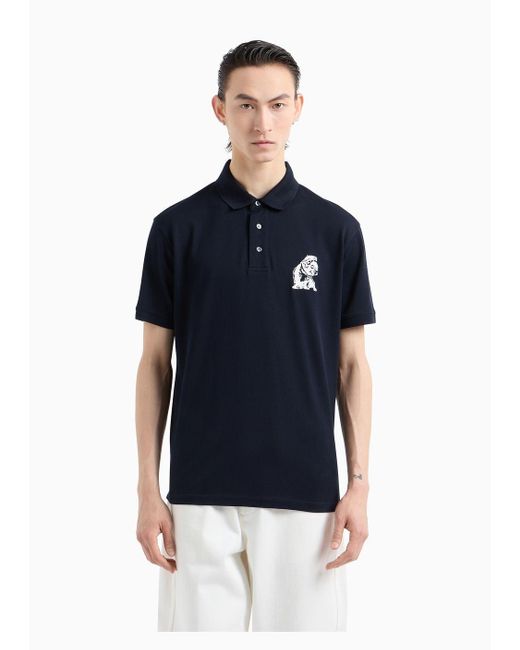 Emporio Armani Blue Mercerised Piqué Polo Shirt With French Bulldog Embroidery for men