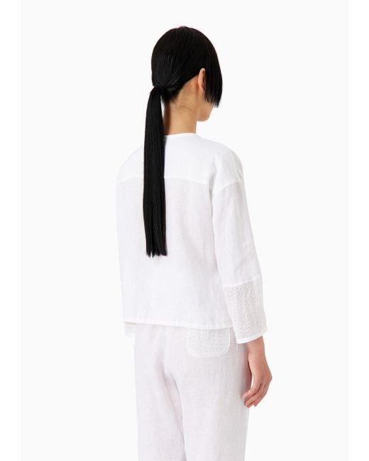 Camisa De Cuello Redondo En Puro Lino Con Detalles Cepillados Emporio Armani de color White