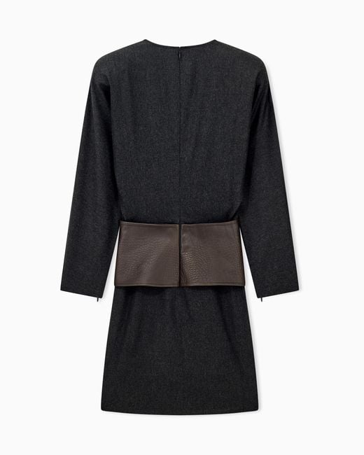 Emporio Armani Black Wool Cashmere Flannel Dress With Textured Waist Bow
