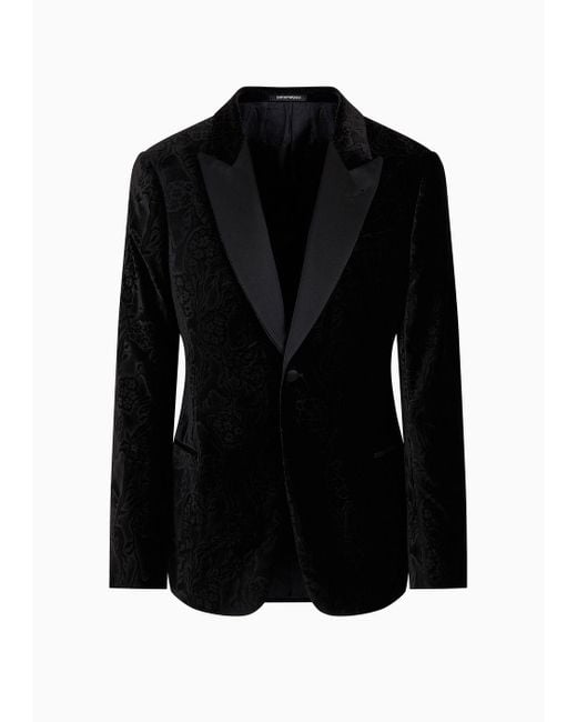 Emporio Armani Black Slim-fit Velvet Tuxedo Jacket With All-over Printed Motif for men