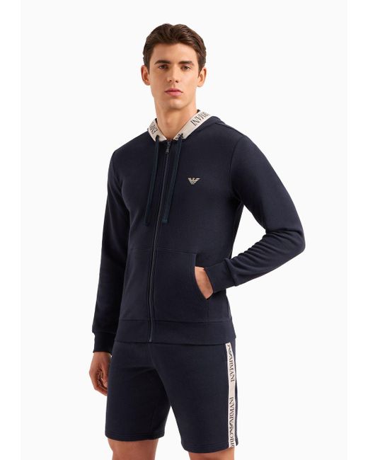 Emporio Armani Blue Loungewear Hooded Sweatshirt With Zip And Logo Tape for men
